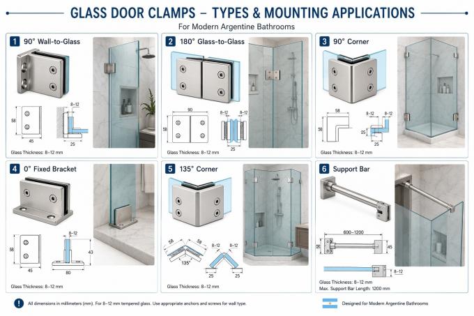 Six glass door clamp types — technical mounting diagram