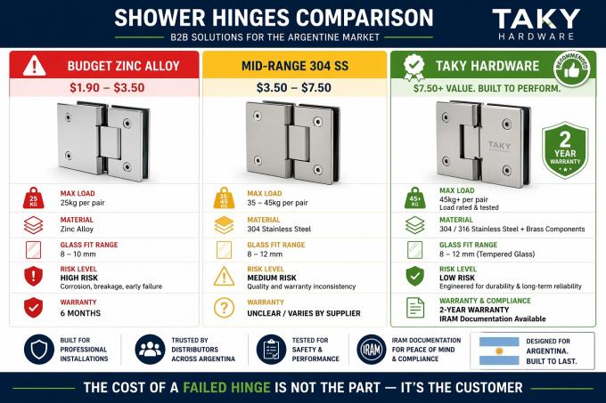 Shower hinge comparison — budget zinc alloy vs mid-range 304 SS vs TAKY 304/316 SS