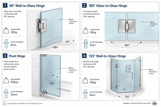 Shower hinge configurations — wall-to-glass 90°, glass-to-glass 180°, pivot, 135° with load ratings