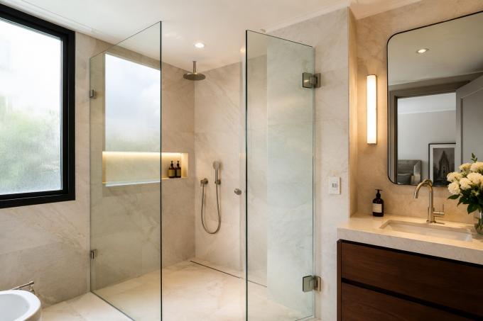 Modern Argentine bathroom with frameless shower — wall-to-glass hinge detail